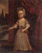 Portrait of a young girl,full length,holding a toy dog and a bunch of cherries,set beside a partly-draped red curtain unknow artist